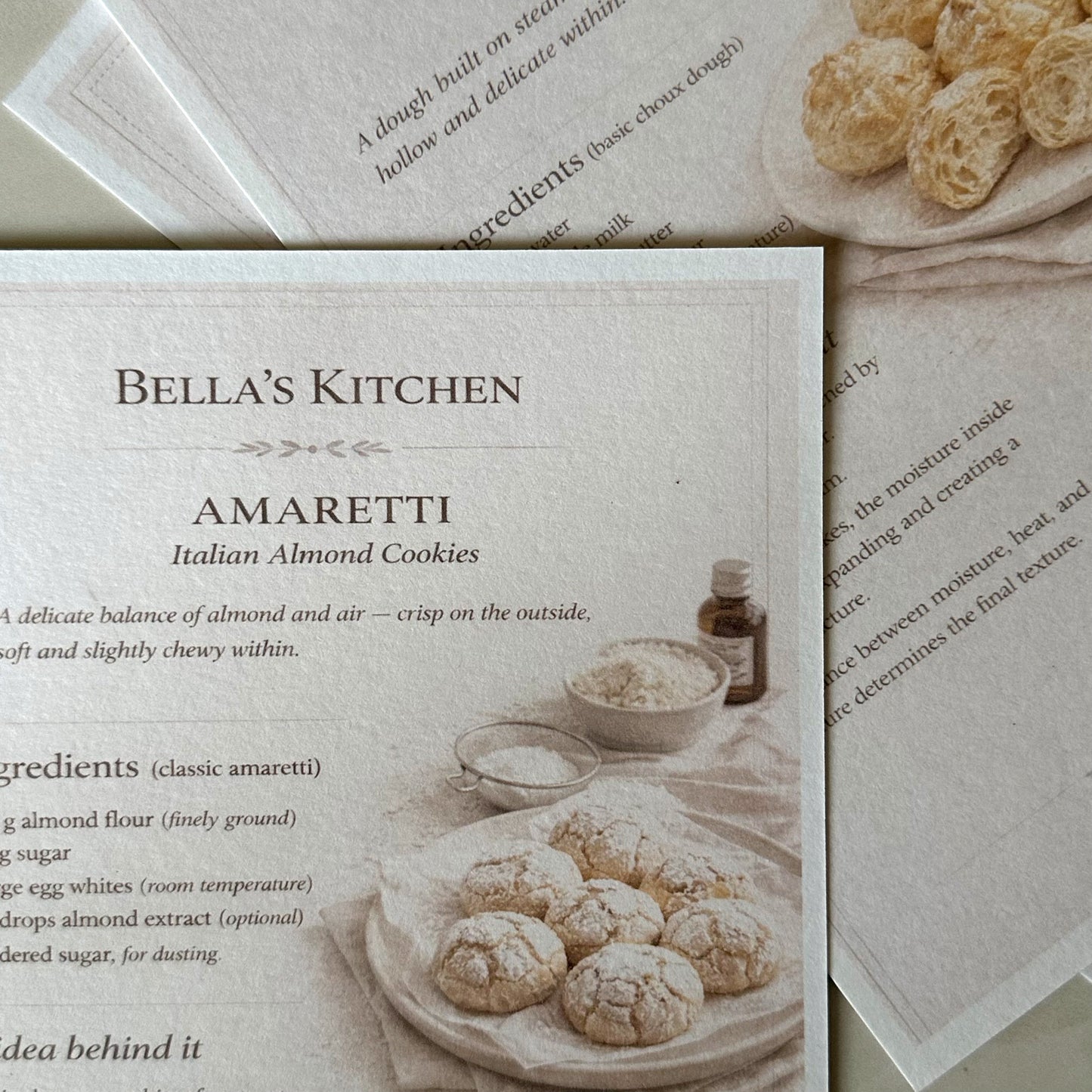 Close-up of Amaretti Kitchen Card showing ingredients and baking instructions