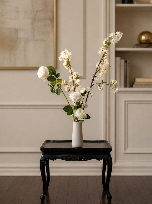 Silk flower arrangement styled in modern living room