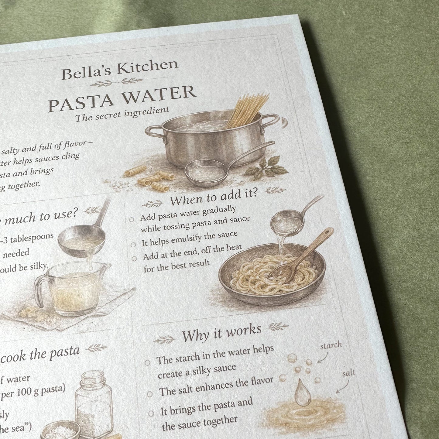 Pasta water cooking guide A5 card with pasta ingredients