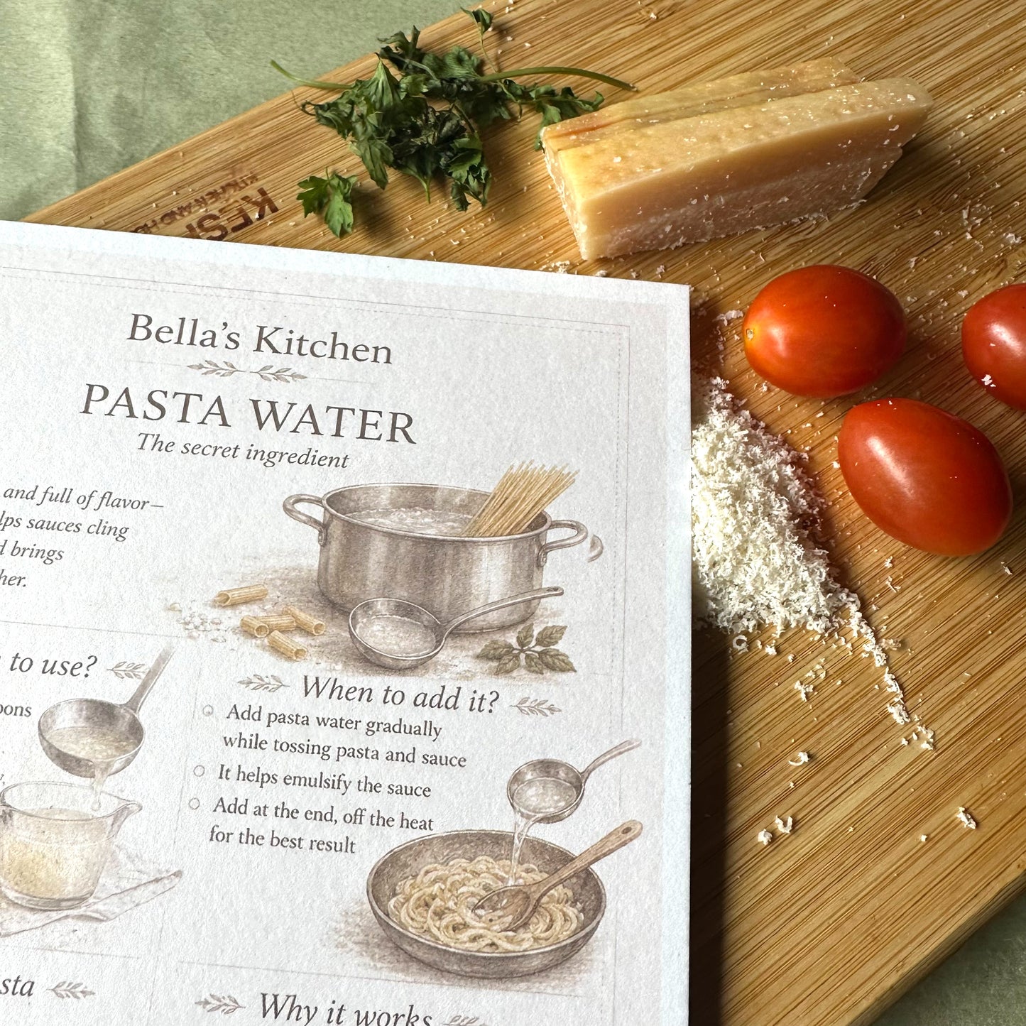 Pasta Water Kitchen Card front and back – Bella's Kitchen Basic Card
