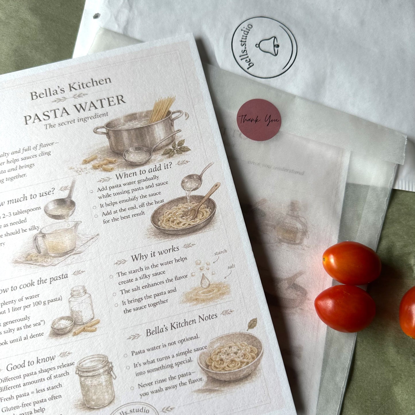 Pasta water cooking guide A5 card with pasta ingredients