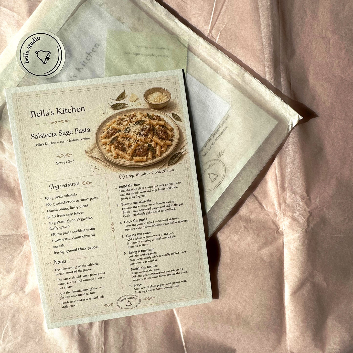 Salsiccia Sage Pasta Recipe Card A5 | Italian Pasta Recipe – Bella's Kitchen