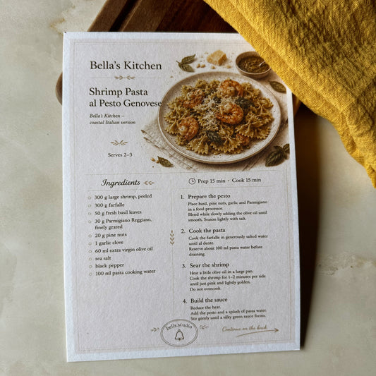 Shrimp Pasta al Pesto Genovese Recipe Card A5 | Italian Pasta Recipe – Bella's Kitchen