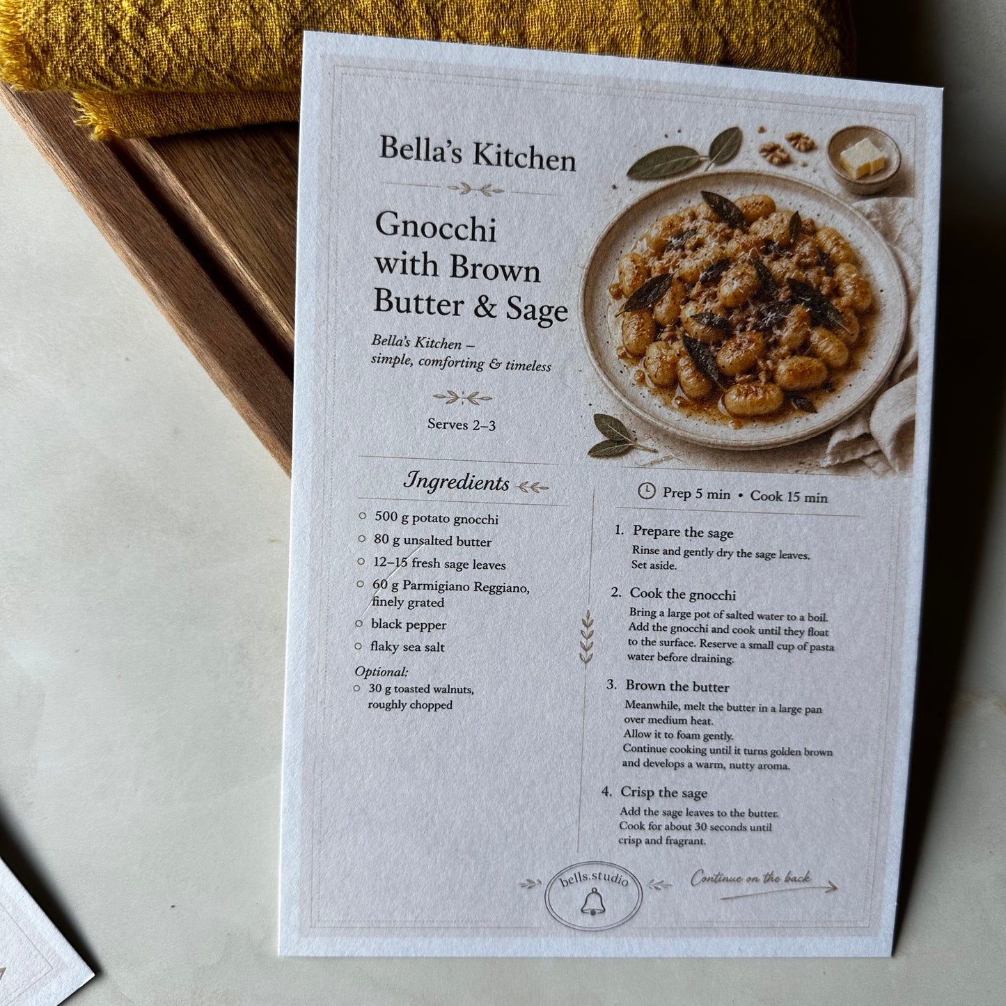 Gnocchi with Butter and Sage Recipe Card A5 | Italian Pasta Recipe – Bella's Kitchen