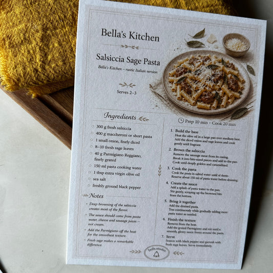 Salsiccia Sage Pasta Recipe Card A5 | Italian Pasta Recipe – Bella's Kitchen