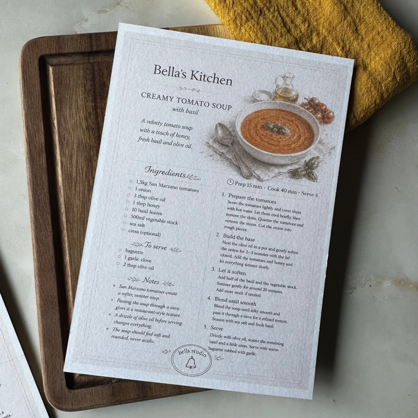 Creamy Tomato Soup Recipe Card A5 | Italian Recipe – Bella's Kitchen