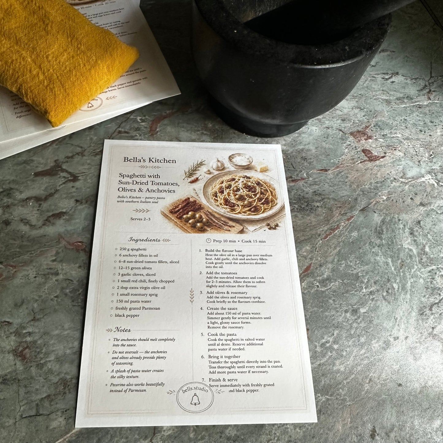 Spaghetti with Anchovies Recipe Card A5 | Italian Pasta Recipe – Bella's Kitchen