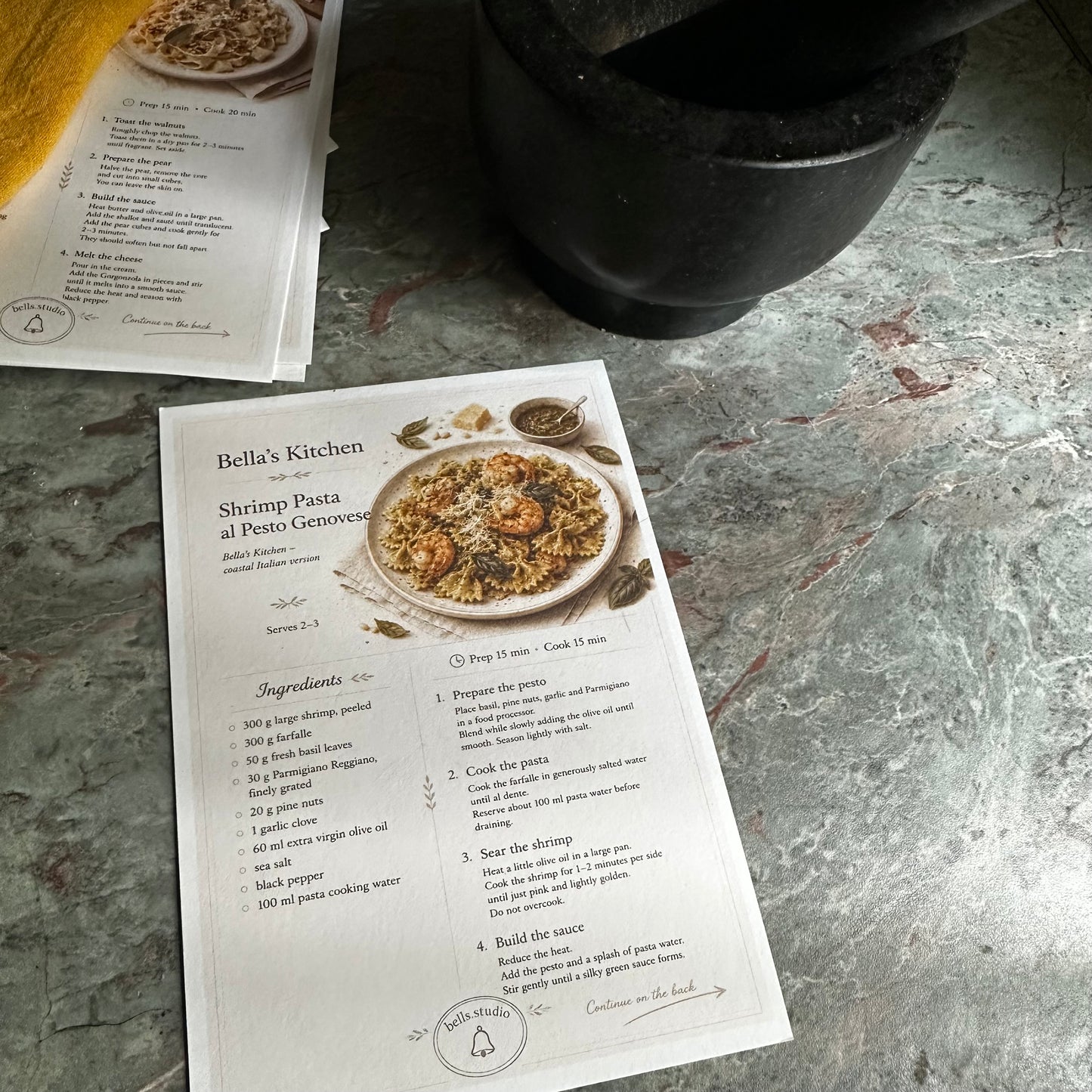 Shrimp Pasta al Pesto Genovese Recipe Card A5 | Italian Pasta Recipe – Bella's Kitchen