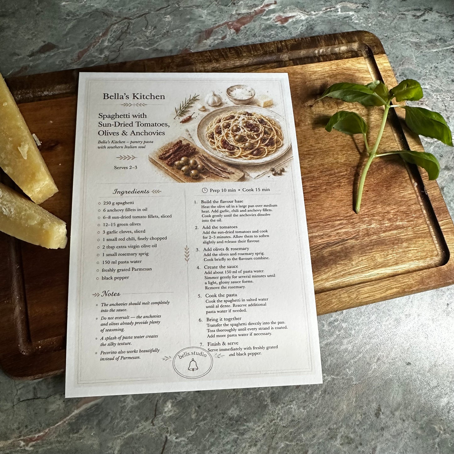 Spaghetti with Anchovies Recipe Card A5 | Italian Pasta Recipe – Bella's Kitchen