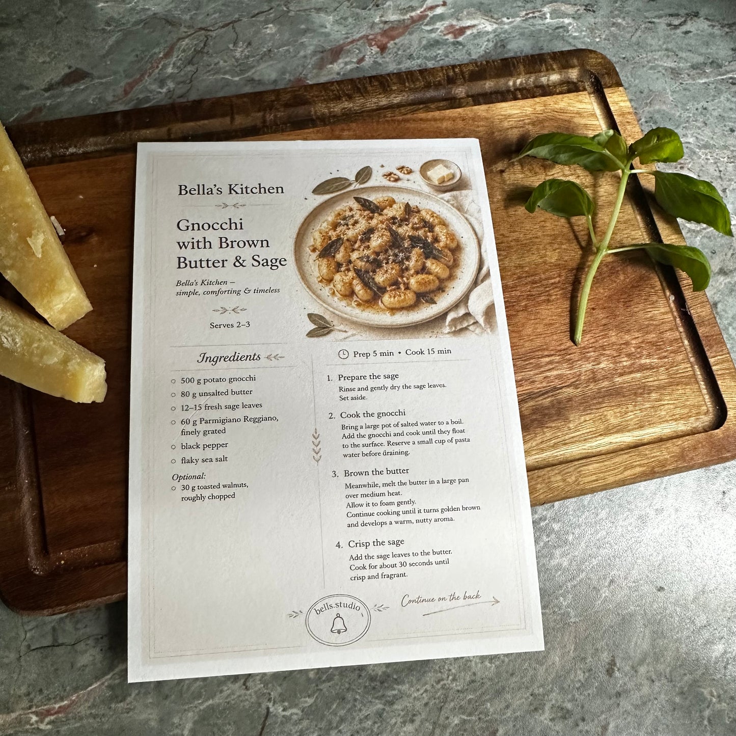 Gnocchi with Butter and Sage Recipe Card A5 | Italian Pasta Recipe – Bella's Kitchen