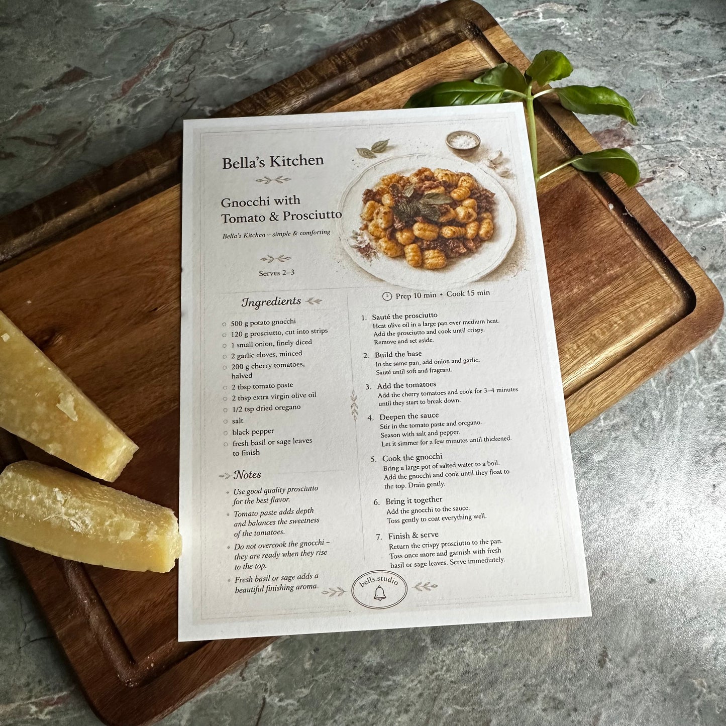 Gnocchi with Tomato & Prosciutto Recipe Card A5 | Italian Pasta Recipe – Bella's Kitchen