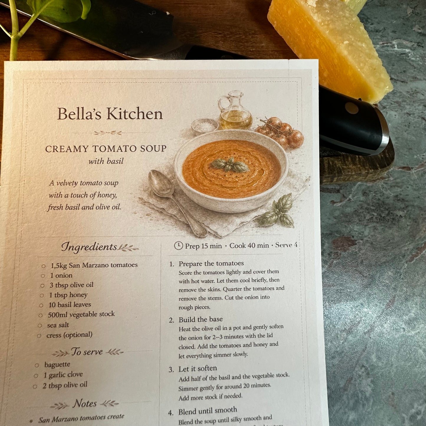 Creamy Tomato Soup Recipe Card A5 | Italian Recipe – Bella's Kitchen