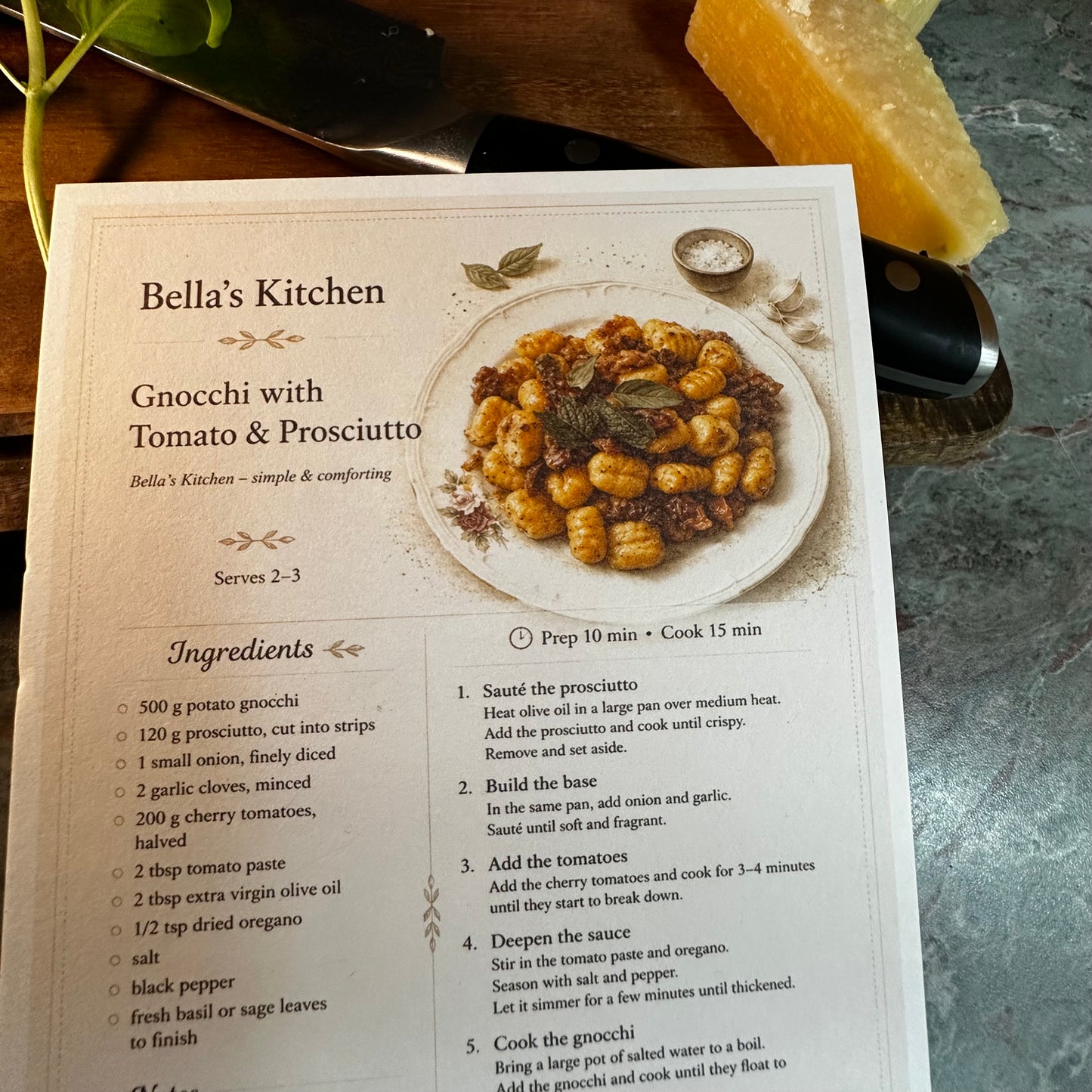 Gnocchi with Tomato & Prosciutto Recipe Card A5 | Italian Pasta Recipe – Bella's Kitchen
