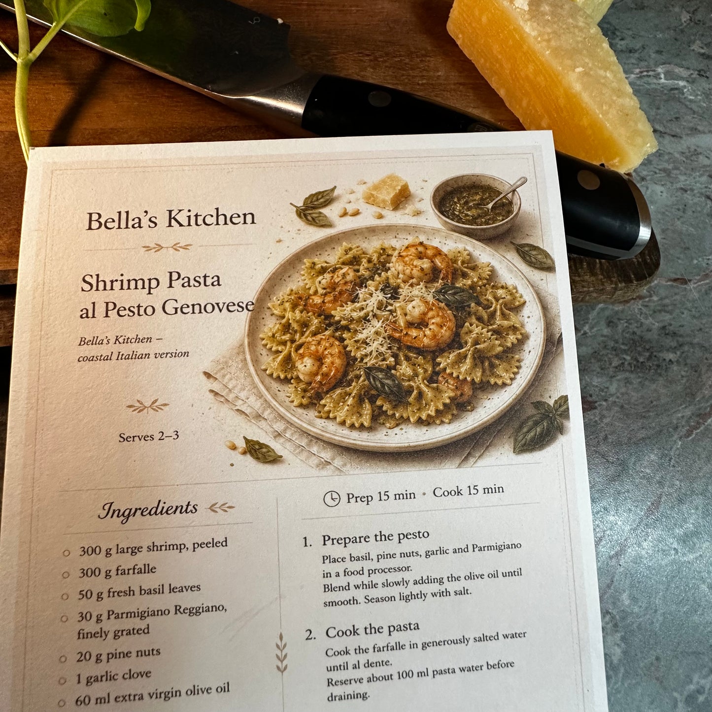 Shrimp Pasta al Pesto Genovese Recipe Card A5 | Italian Pasta Recipe – Bella's Kitchen