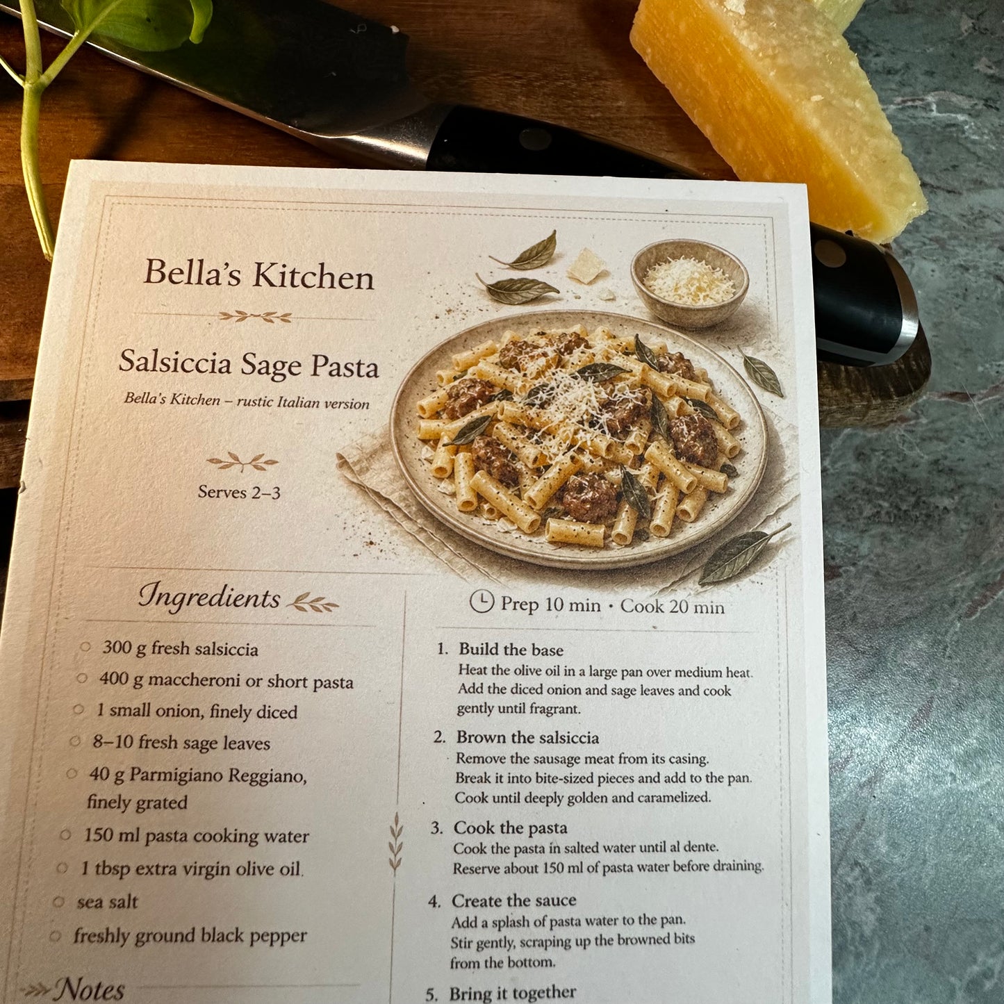 Salsiccia Sage Pasta Recipe Card A5 | Italian Pasta Recipe – Bella's Kitchen