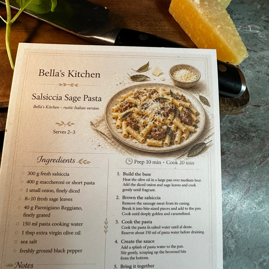 Salsiccia Sage Pasta Recipe Card A5 | Italian Pasta Recipe – Bella's Kitchen