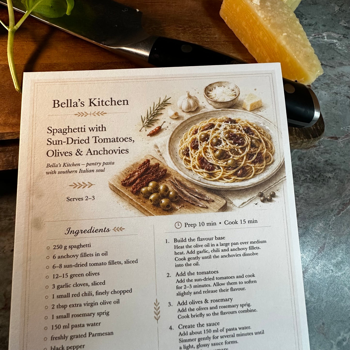 Spaghetti with Anchovies Recipe Card A5 | Italian Pasta Recipe – Bella's Kitchen