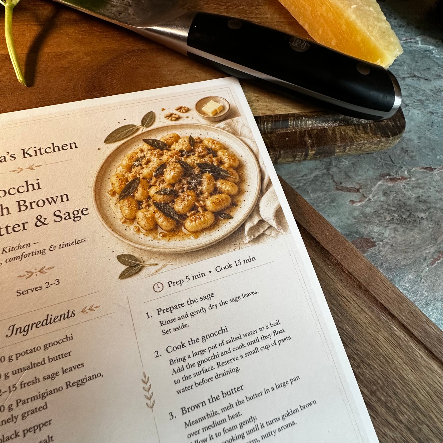 Gnocchi with Butter and Sage Recipe Card A5 | Italian Pasta Recipe – Bella's Kitchen