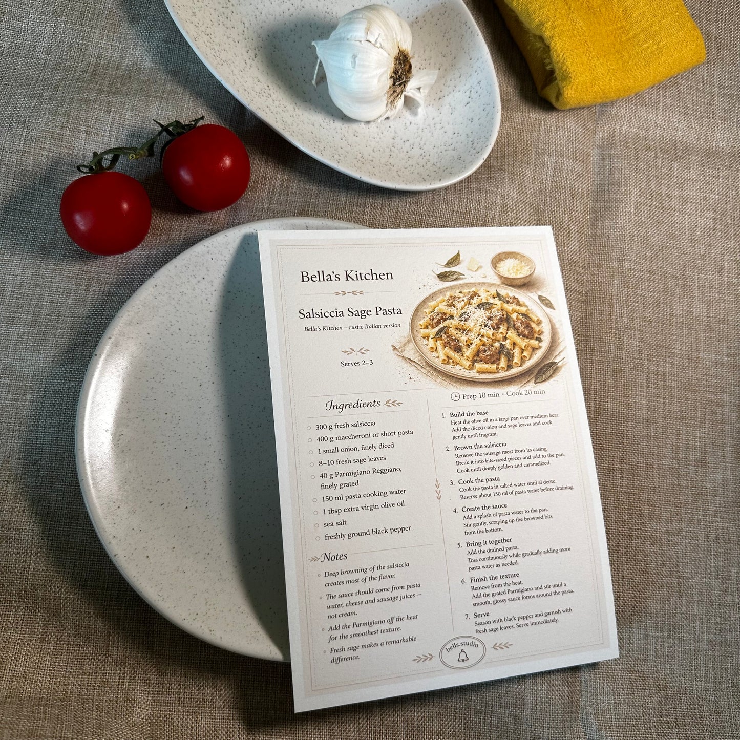 Salsiccia Sage Pasta Recipe Card A5 | Italian Pasta Recipe – Bella's Kitchen