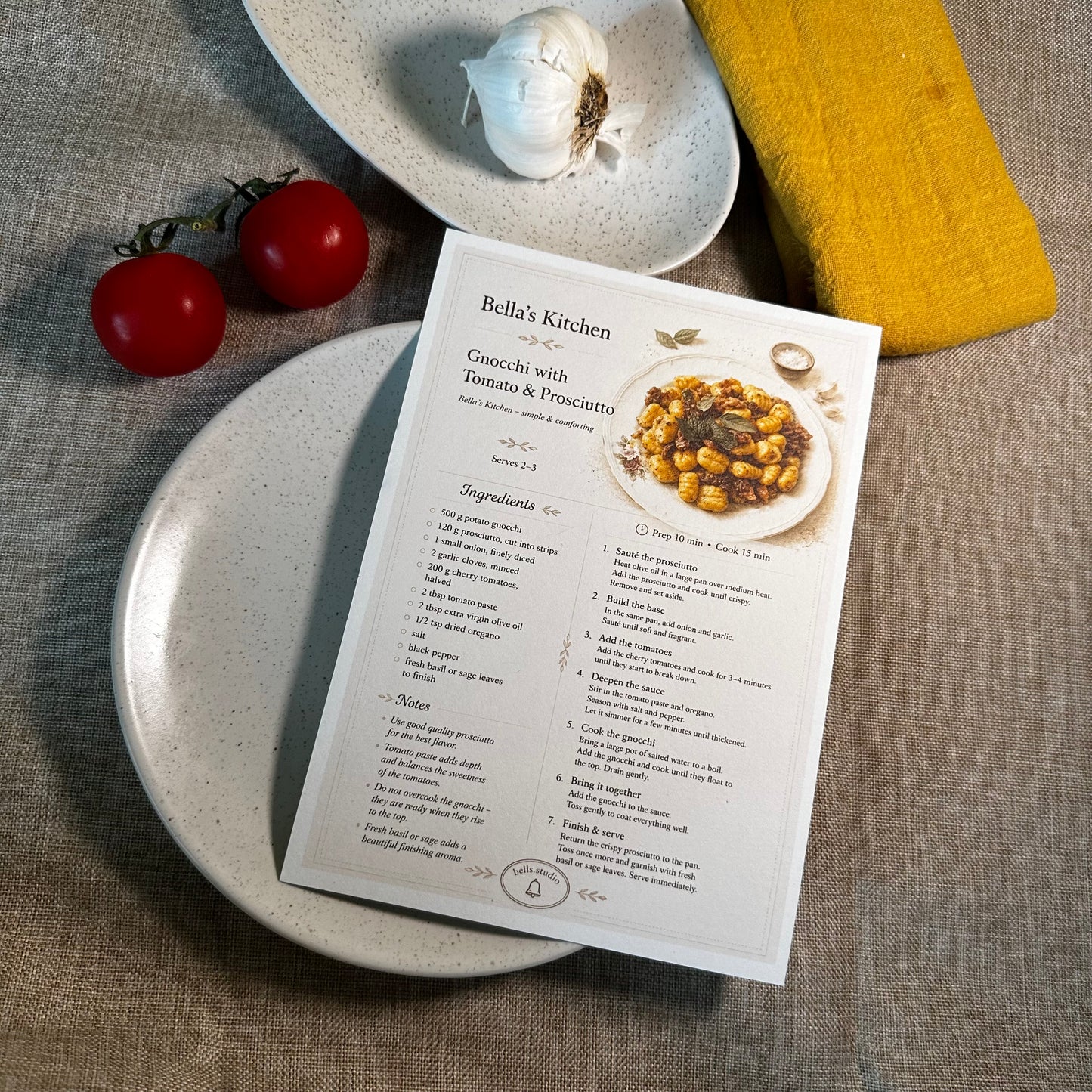 Gnocchi with Tomato & Prosciutto Recipe Card A5 | Italian Pasta Recipe – Bella's Kitchen