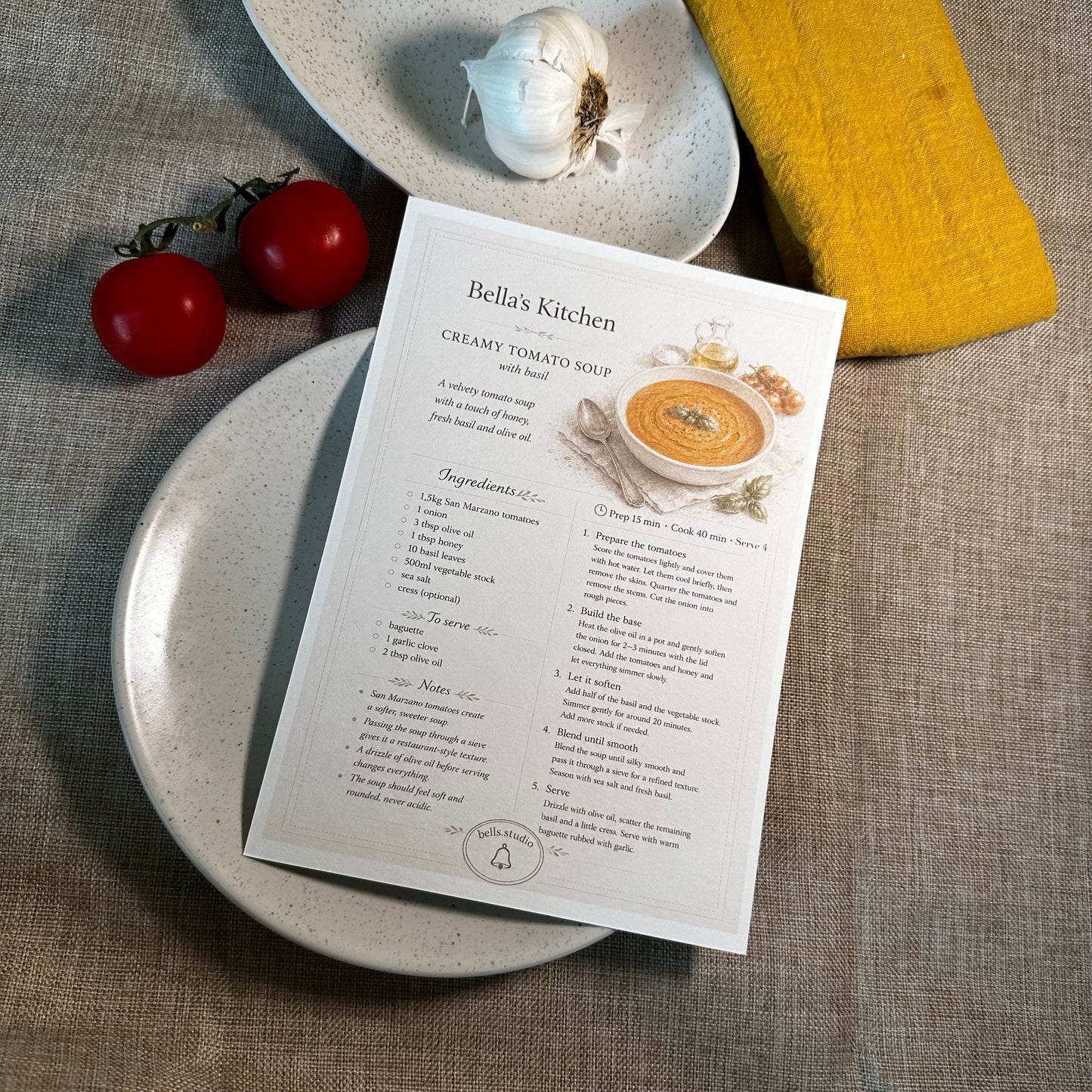 Creamy Tomato Soup Recipe Card A5 | Italian Recipe – Bella's Kitchen