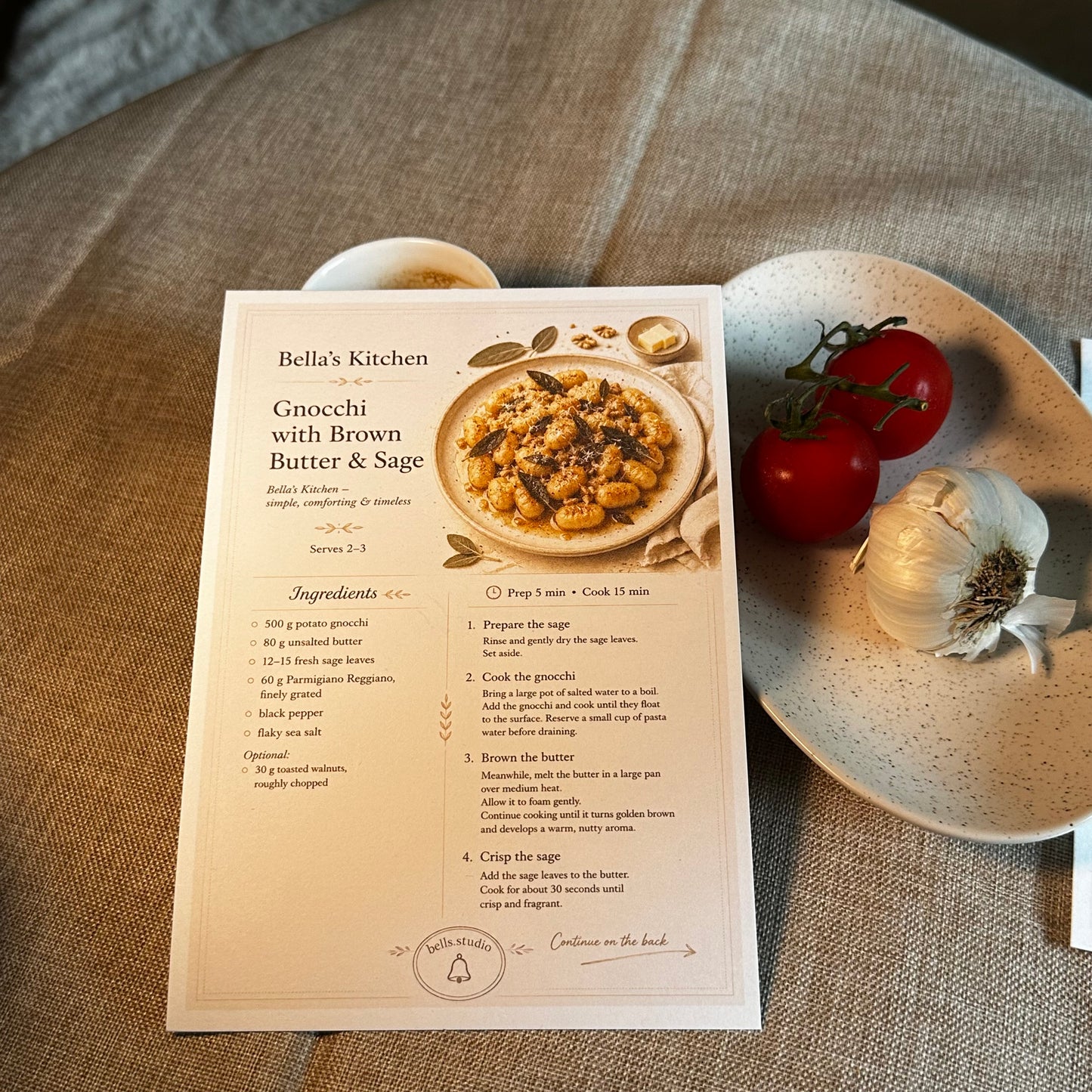 Gnocchi with Butter and Sage Recipe Card A5 | Italian Pasta Recipe – Bella's Kitchen