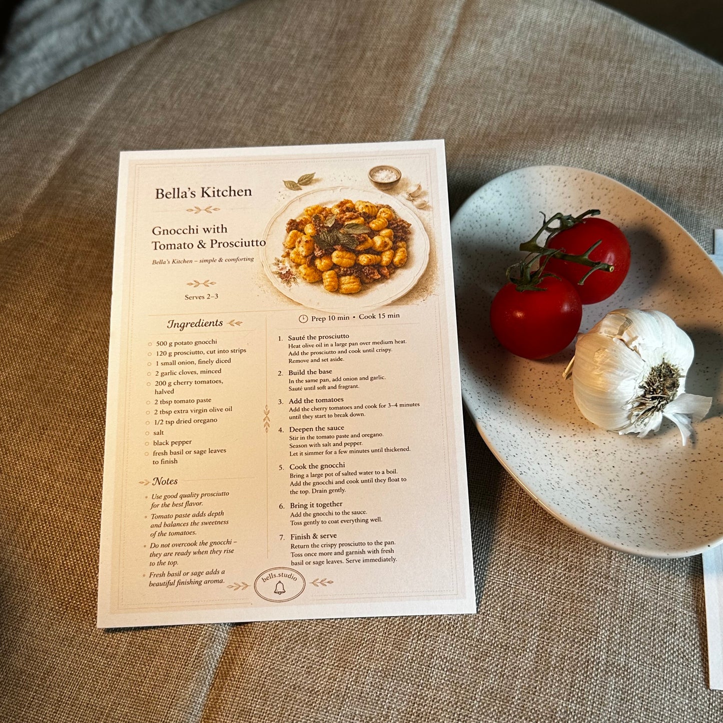 Gnocchi with Tomato & Prosciutto Recipe Card A5 | Italian Pasta Recipe – Bella's Kitchen