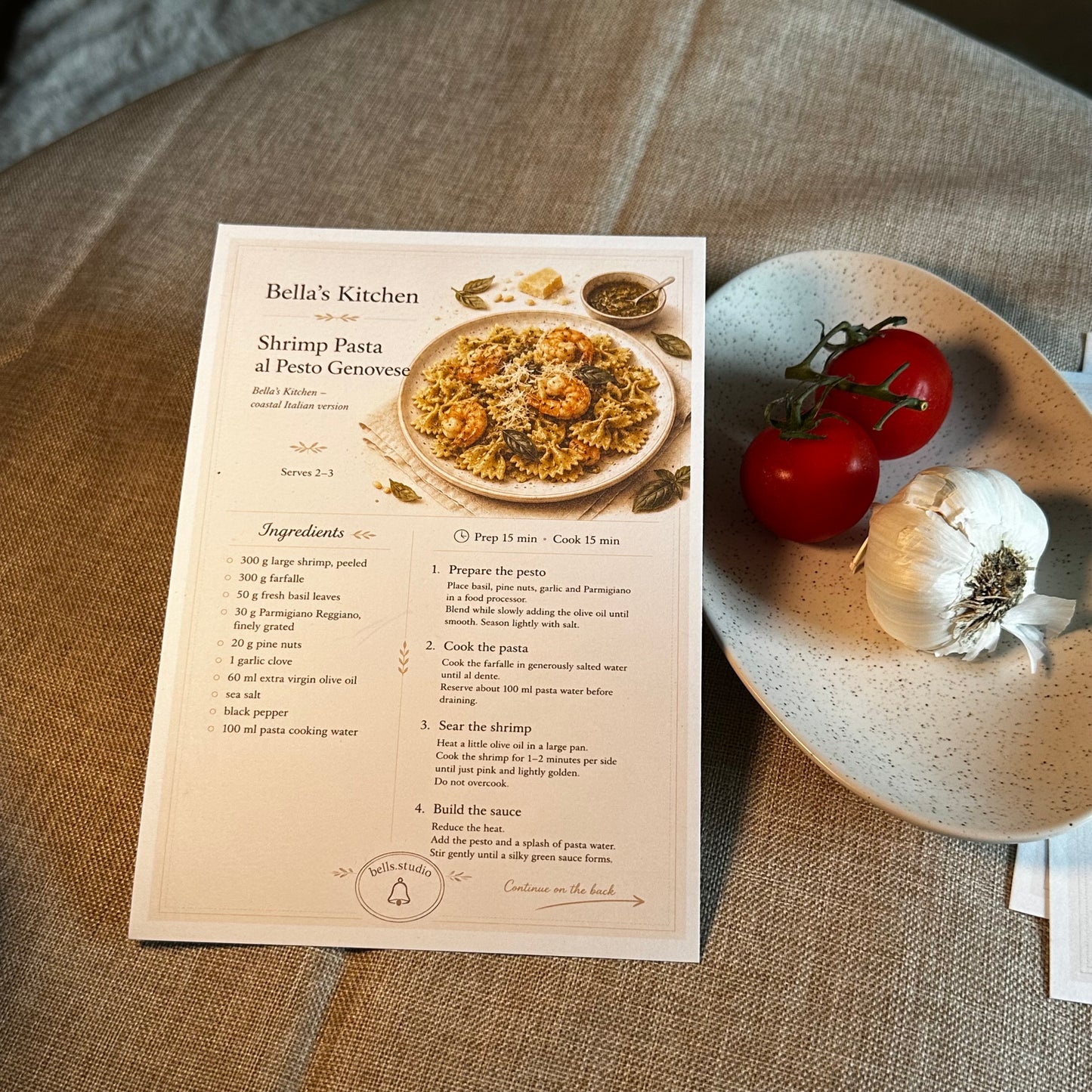 Shrimp Pasta al Pesto Genovese Recipe Card A5 | Italian Pasta Recipe – Bella's Kitchen