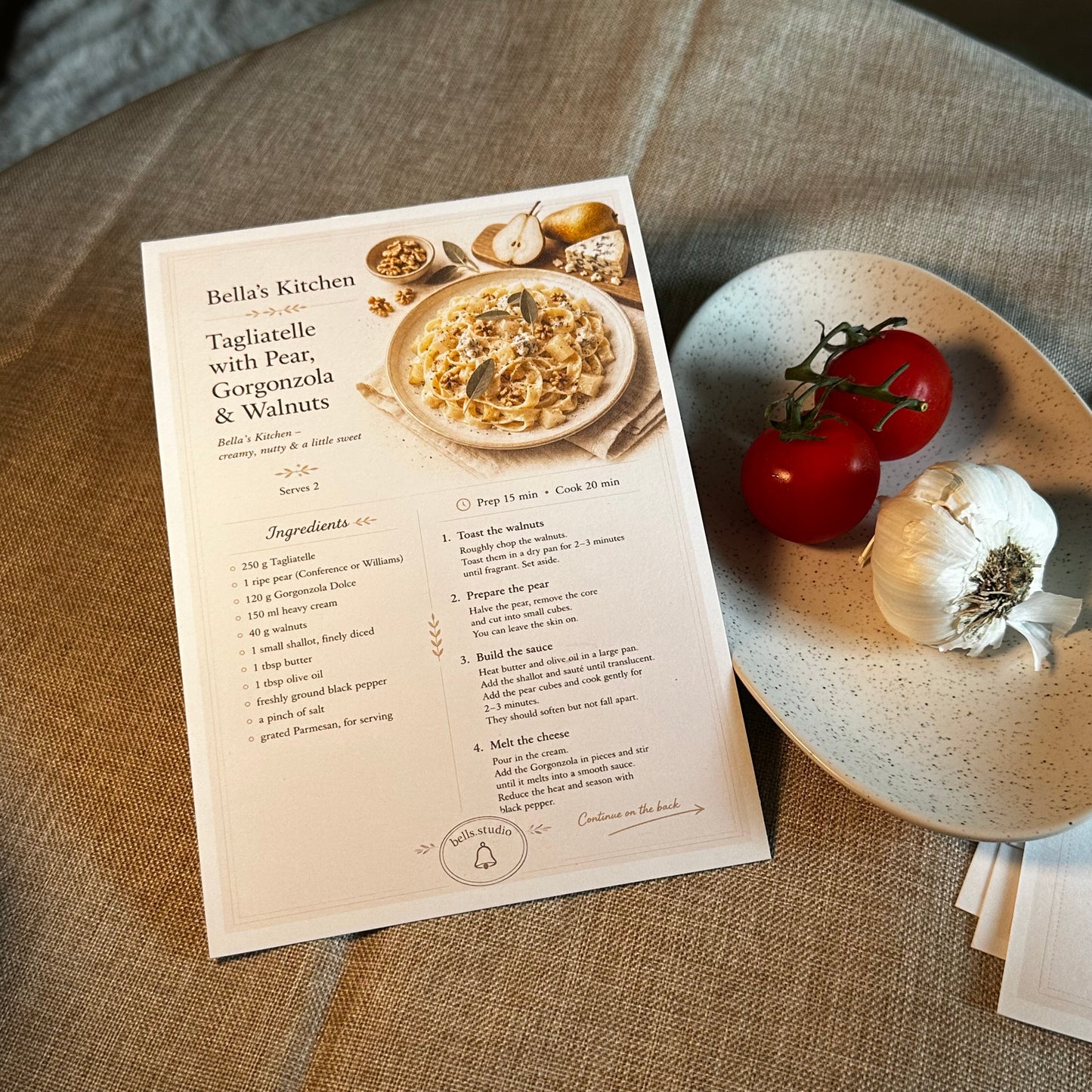 Tagliatelle with Pear Recipe Card A5 | Italian Pasta Recipe – Bella's Kitchen