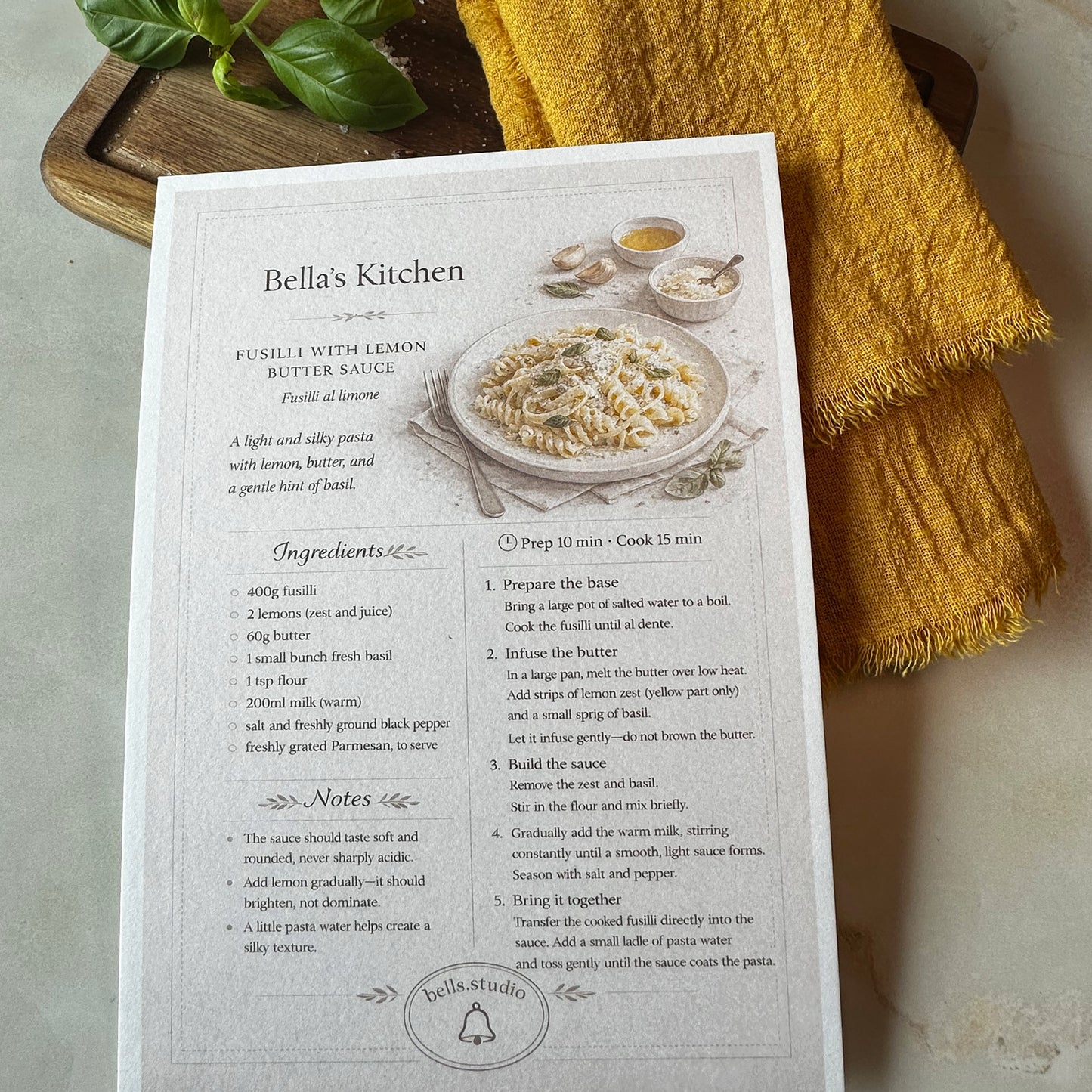 Fusilli with Lemon Recipe Card A5 | Fresh Italian Pasta Recipe – Bella's Kitchen