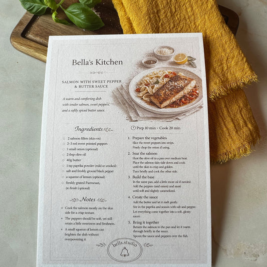 Pasta with Salmon Recipe Card A5 | Salmon, Sweet Pepper & Butter Sauce – Bella's Kitchen