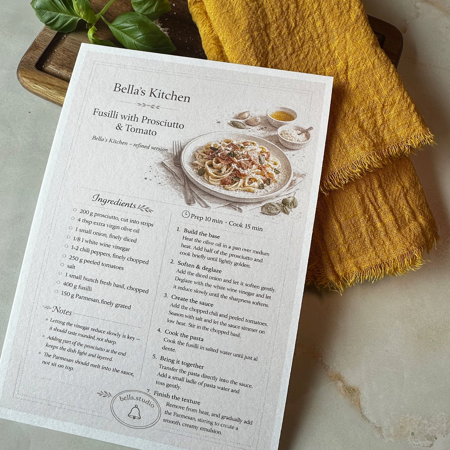 Fusilli with Prosciutto Recipe Card A5 | Quick Italian Pasta Recipe – Bella's Kitchen