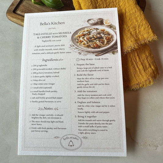 Tagliatelle with Mussels Recipe Card A5 | Italian Seafood Pasta – Bella's Kitchen