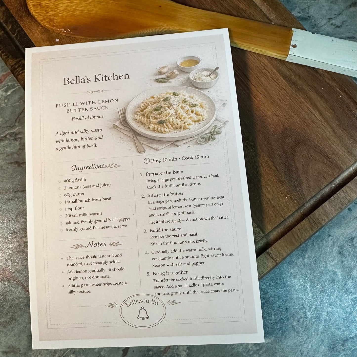 Fusilli with Lemon Recipe Card A5 | Fresh Italian Pasta Recipe – Bella's Kitchen
