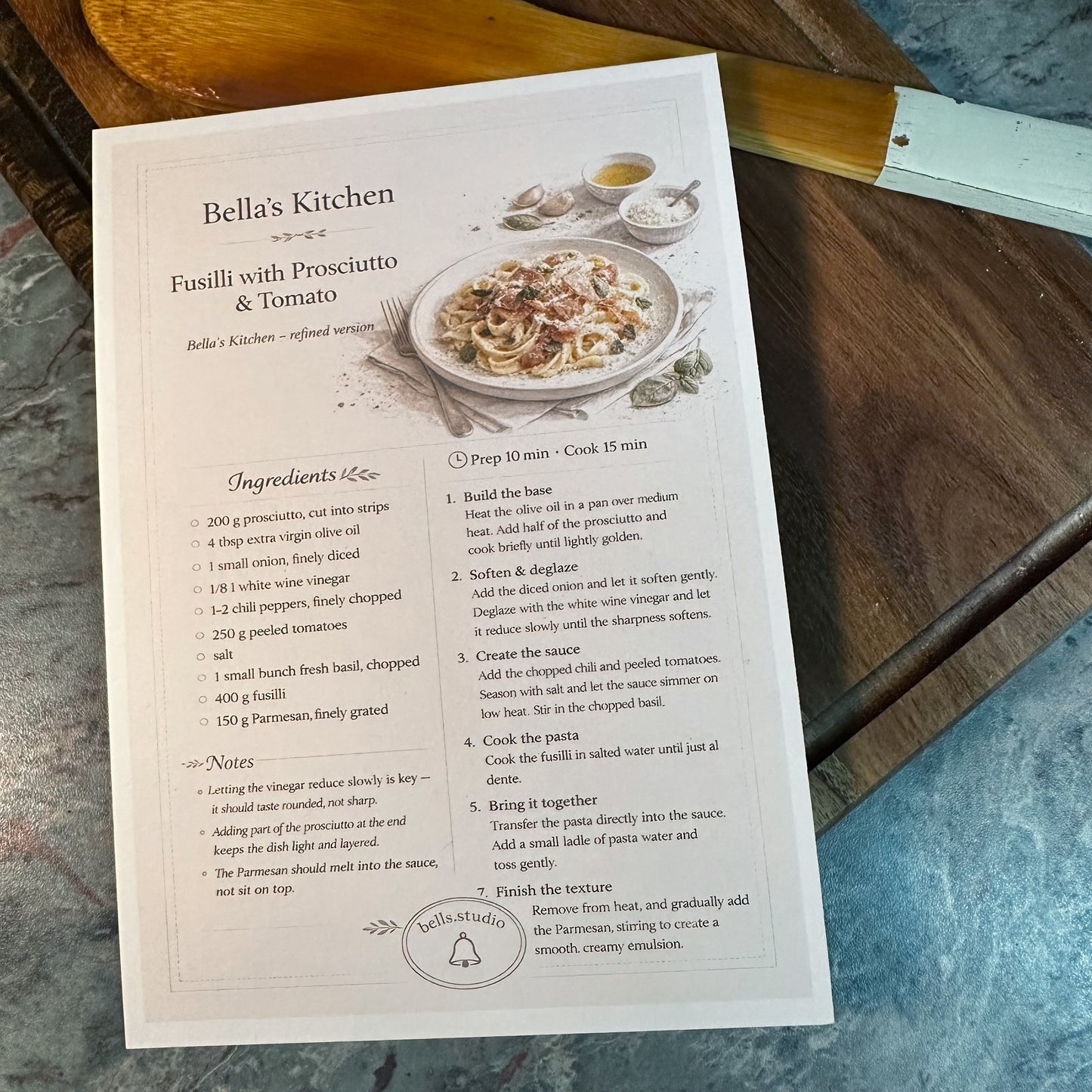 Fusilli with Prosciutto Recipe Card A5 | Quick Italian Pasta Recipe – Bella's Kitchen