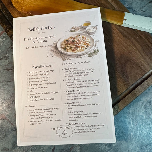 Fusilli with Prosciutto Recipe Card A5 | Quick Italian Pasta Recipe – Bella's Kitchen