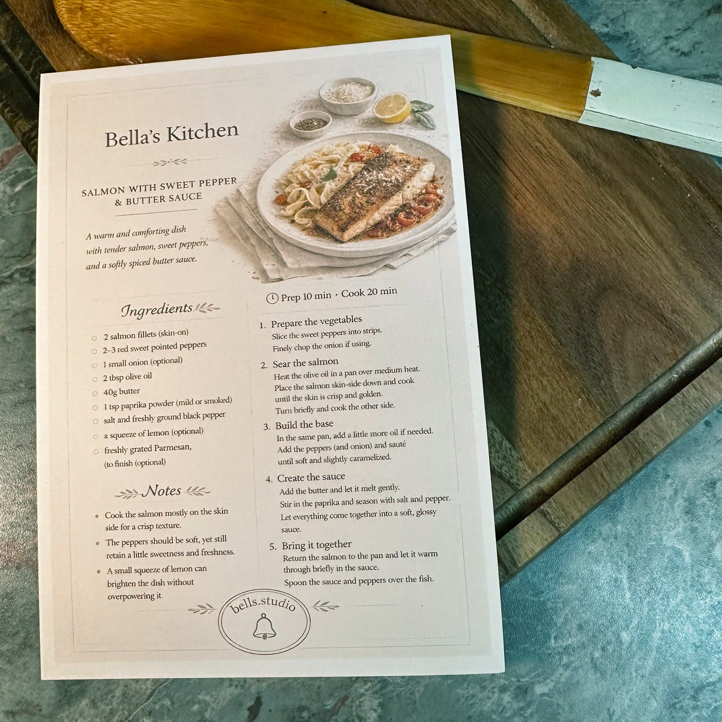 Pasta with Salmon Recipe Card A5 | Salmon, Sweet Pepper & Butter Sauce – Bella's Kitchen