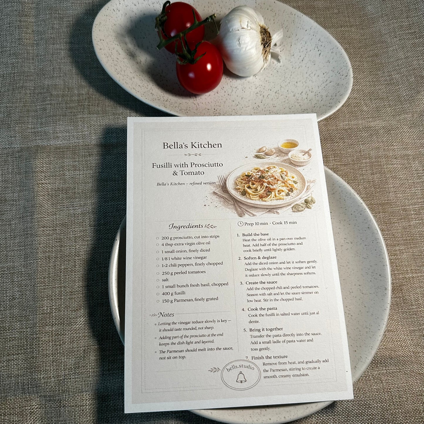 Fusilli with Prosciutto Recipe Card A5 | Quick Italian Pasta Recipe – Bella's Kitchen
