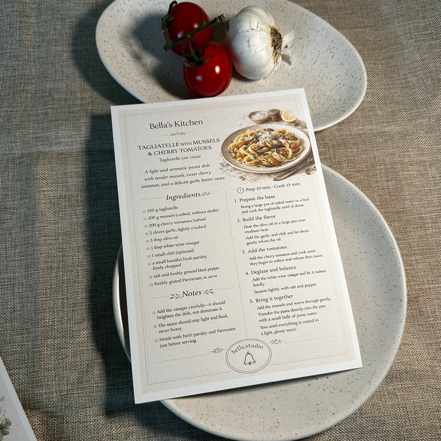 Tagliatelle with Mussels Recipe Card A5 | Italian Seafood Pasta – Bella's Kitchen