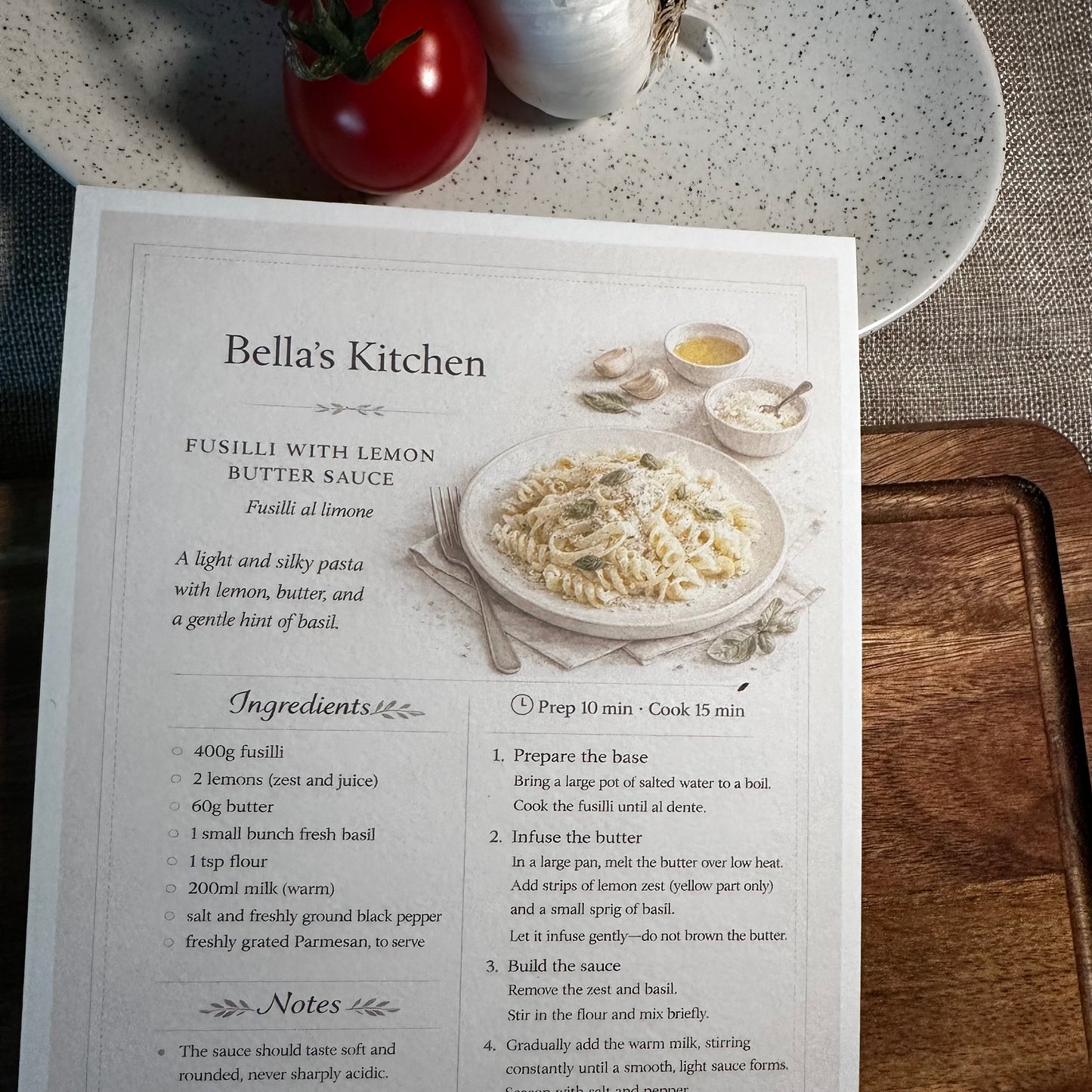 Fusilli with Lemon Recipe Card A5 | Fresh Italian Pasta Recipe – Bella's Kitchen