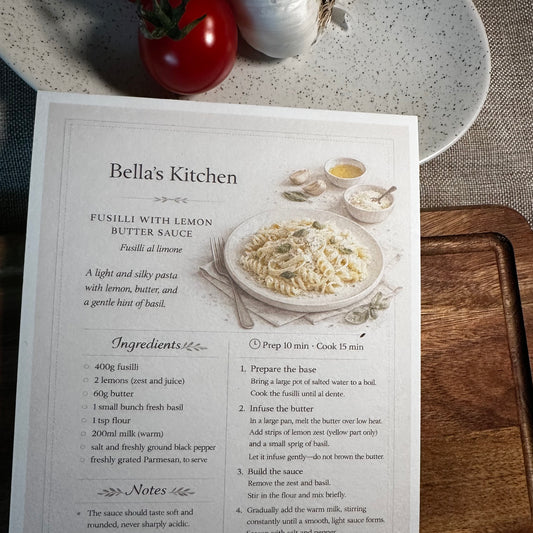 Fusilli with Lemon Recipe Card A5 | Fresh Italian Pasta Recipe – Bella's Kitchen
