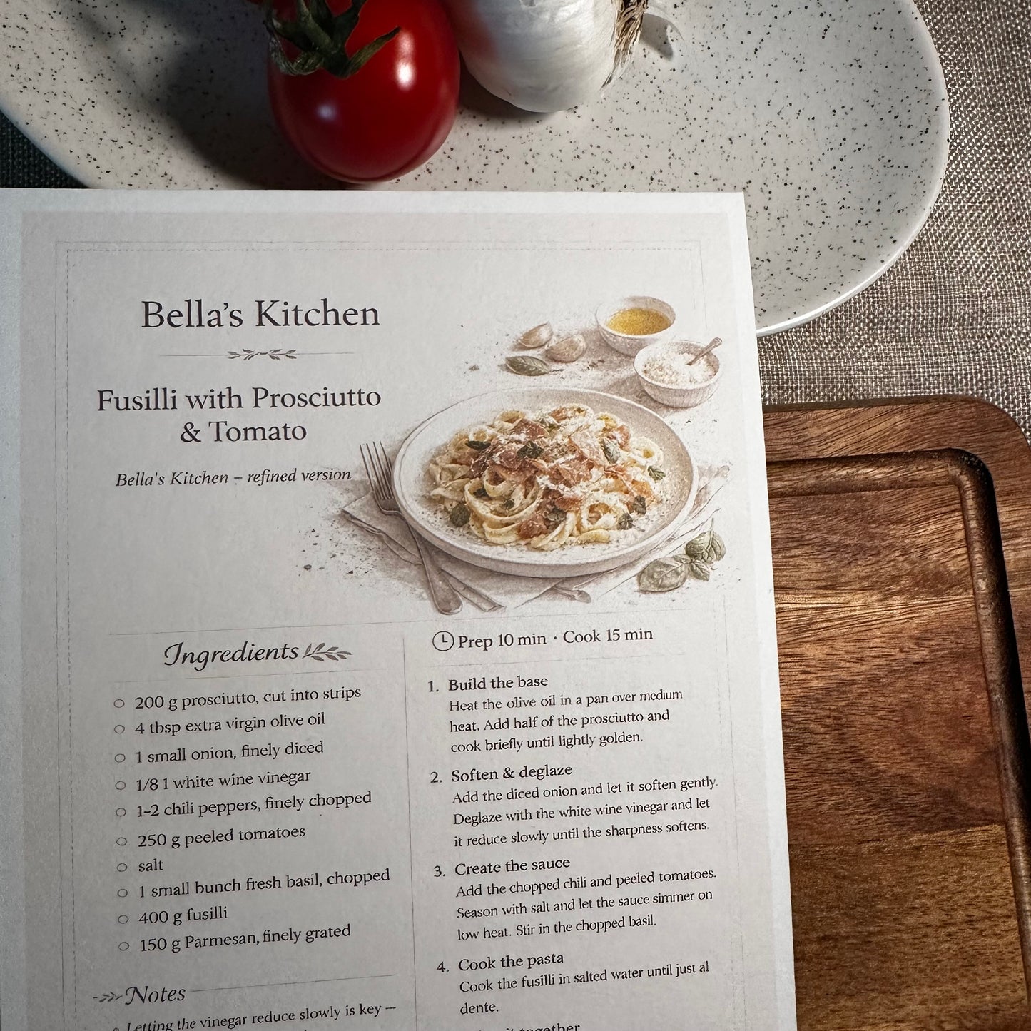 Fusilli with Prosciutto Recipe Card A5 | Quick Italian Pasta Recipe – Bella's Kitchen