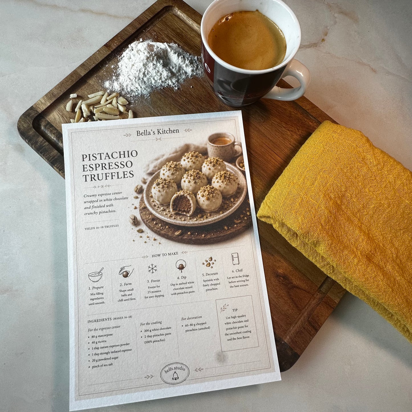 Pistachio Espresso Card A5 | White Chocolate Truffles Guide – Bella's Kitchen