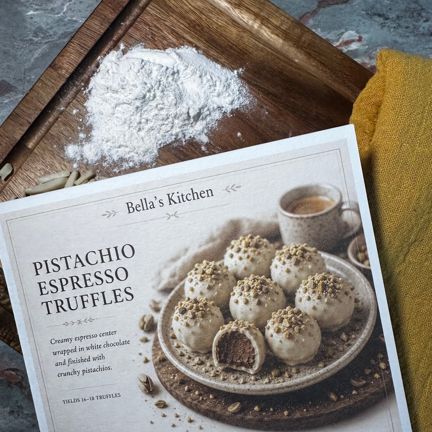 Pistachio Espresso Card A5 | White Chocolate Truffles Guide – Bella's Kitchen