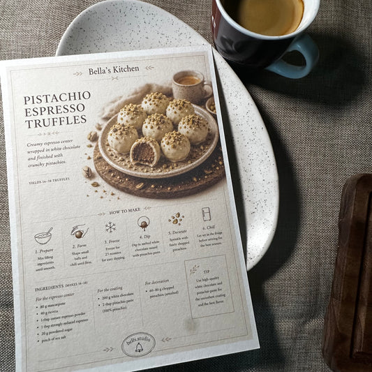 Pistachio Espresso Card A5 | White Chocolate Truffles Guide – Bella's Kitchen