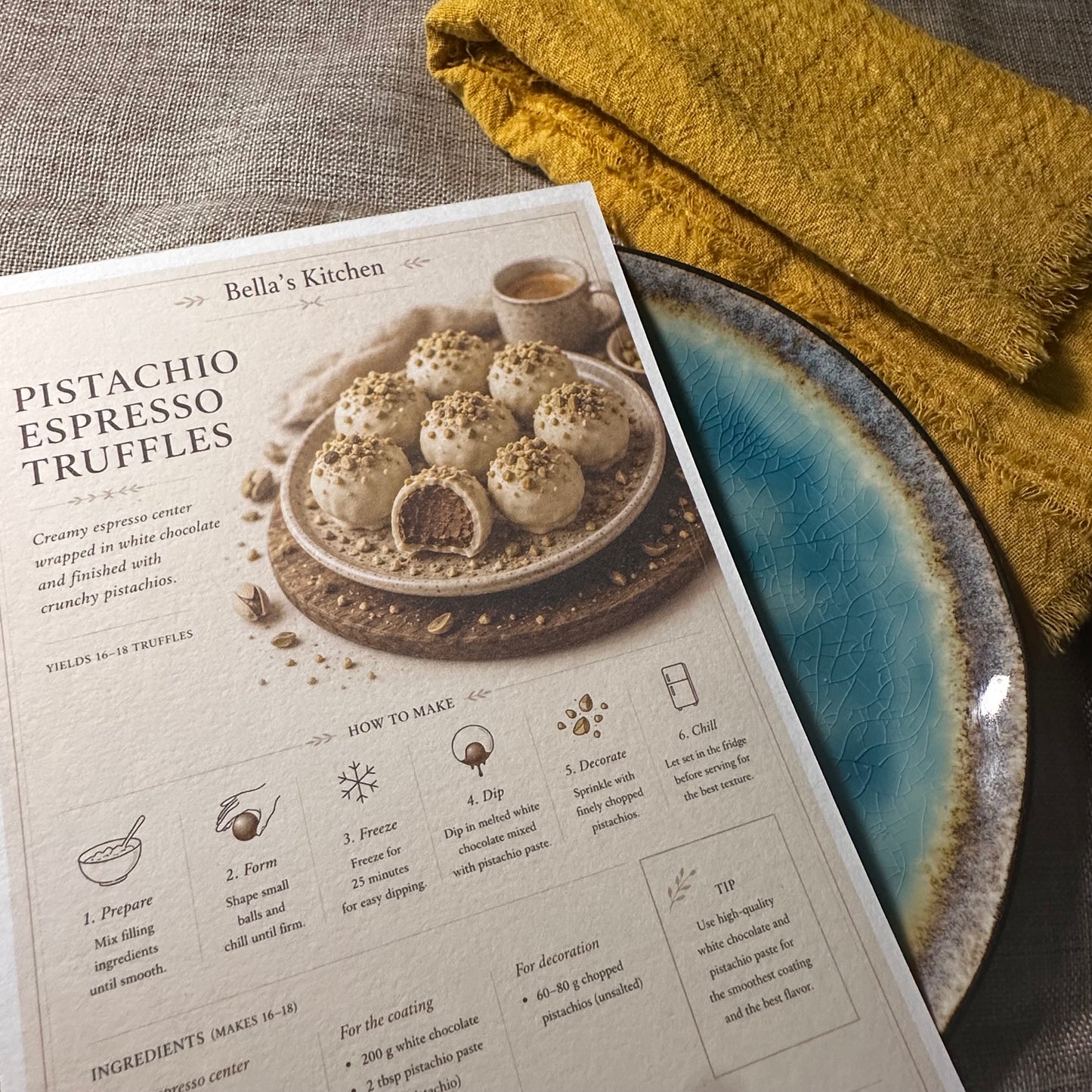 Pistachio Espresso Card A5 | White Chocolate Truffles Guide – Bella's Kitchen
