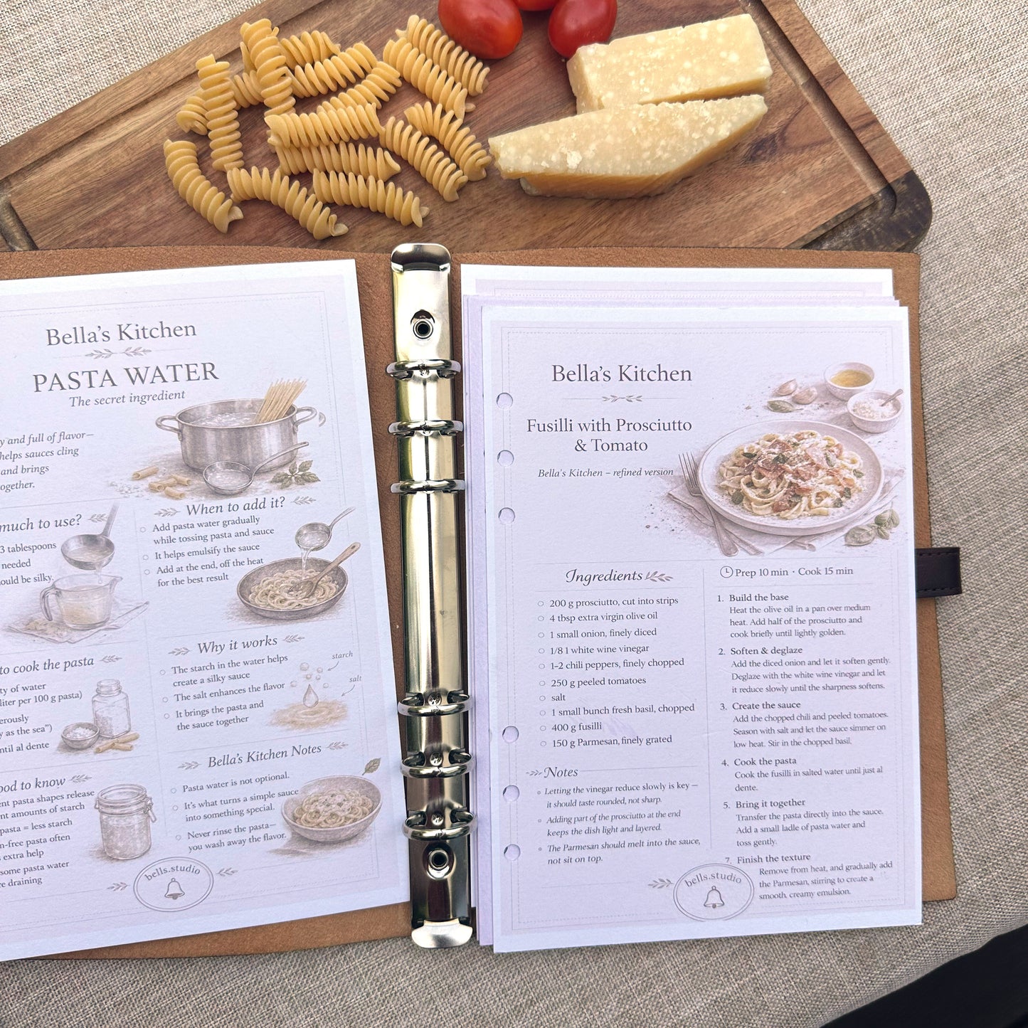 Bella's Kitchen Leather Binder Pasta Edition – Premium A5 Leather + Starter Set 5 Cards