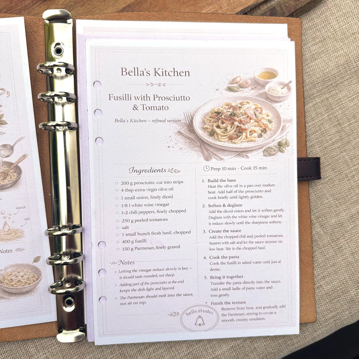 Bella's Kitchen Leather Binder Pasta Edition – Premium A5 Leather + Starter Set 5 Cards
