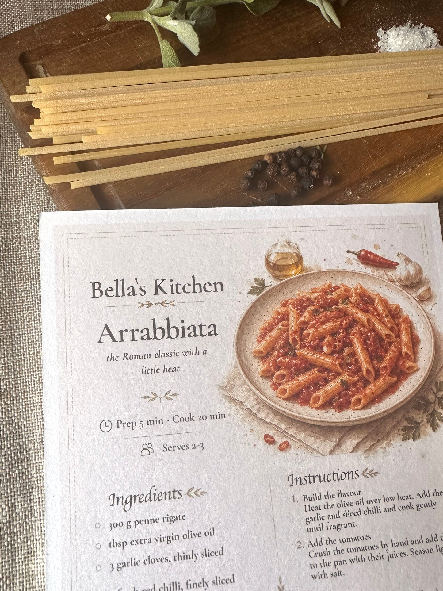 Pasta Arrabbiata Recipe Card A5 | Italian Pasta Recipe – Bella's Kitchen
