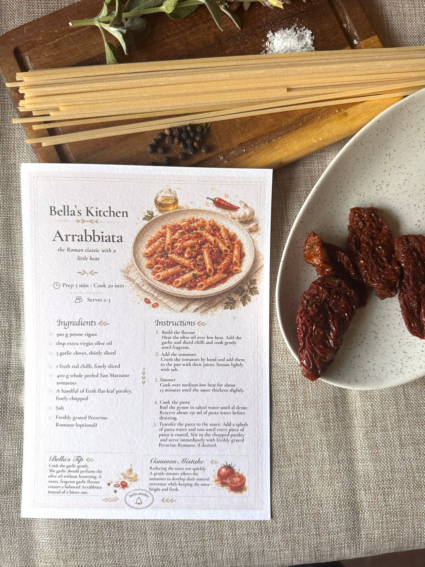 Pasta Arrabbiata Recipe Card A5 | Italian Pasta Recipe – Bella's Kitchen